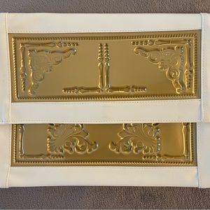 MeDusa vegan envelope clutch, ivory and gold, inside zip pocket